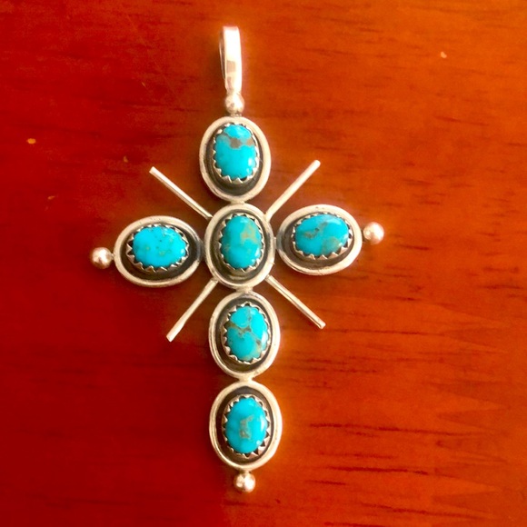 Handmade, Solid, Sterling Silver & Genuine Turqoise Cross! - Picture 1 of 5